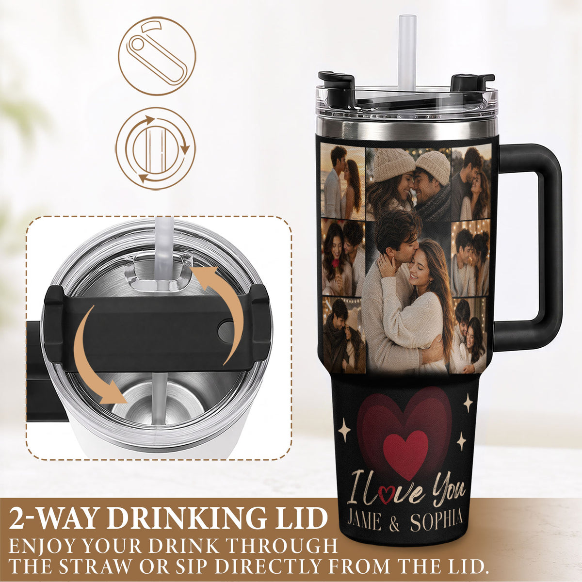 Custom Personal Photo Collage Couple Tumbler Names Text Insulated Beverage Mug Cup Item