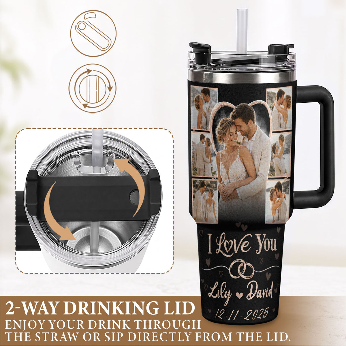 Custom Romantic Photo Collage Couple Tumbler Names Text Insulated Beverage Mug Handle