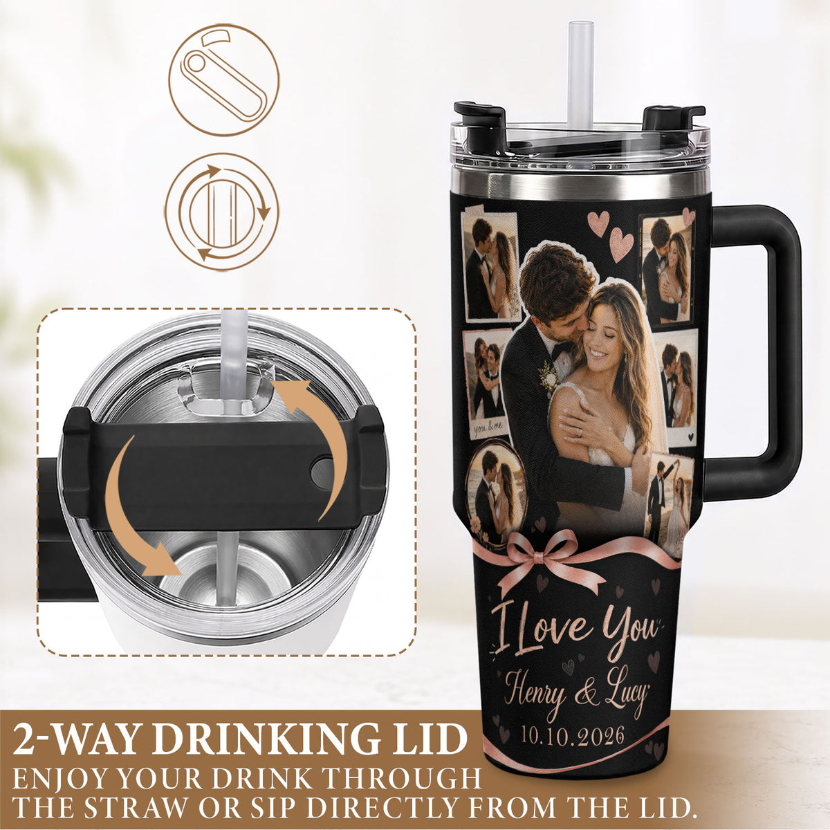 Custom Personal Photo Collage Couple Tumbler Names Text Insulated Beverage Mug Handle Cup