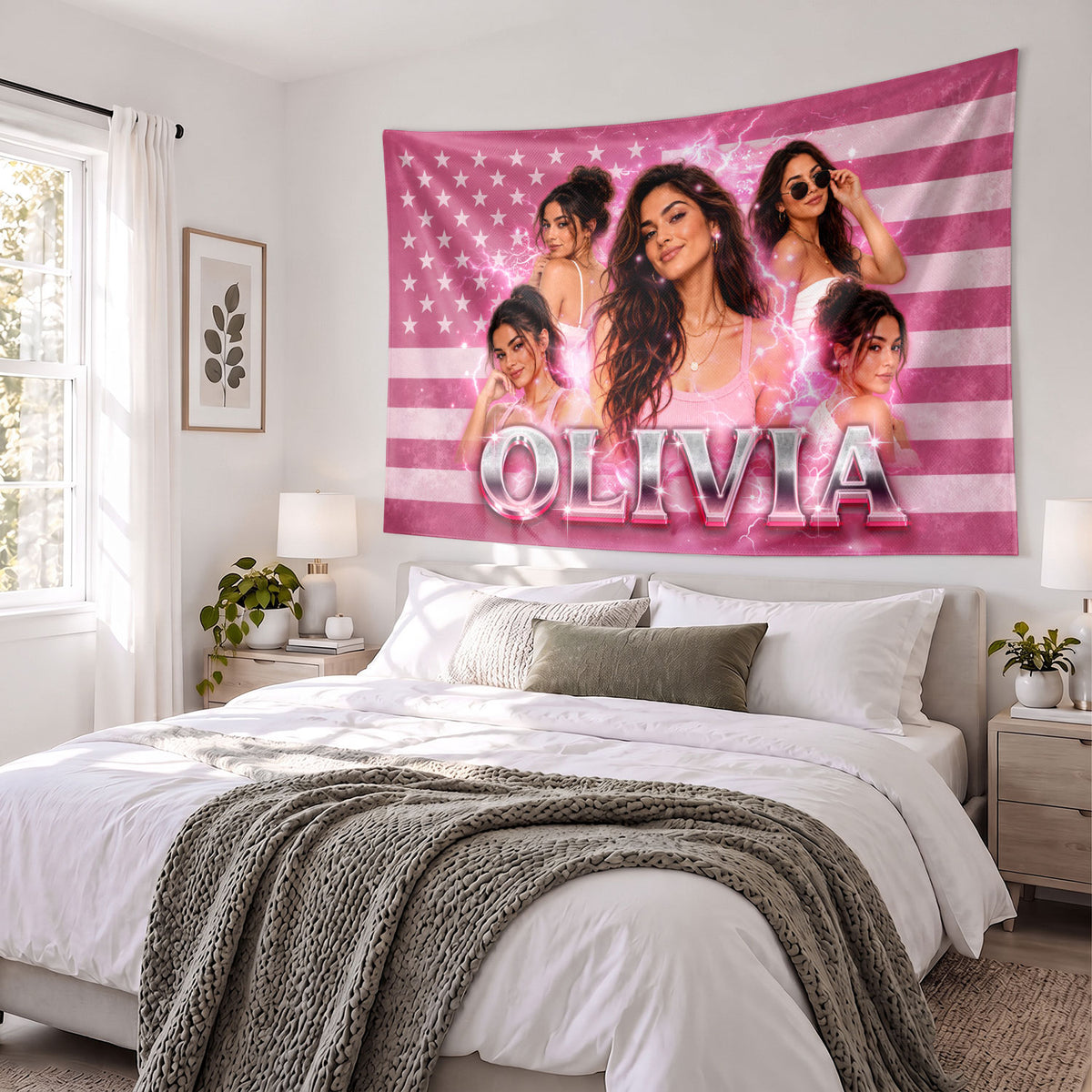 Custom Photo Patriotic American Flag Tapestry Lightning Stars Wall Hanging Sheet Backdrop