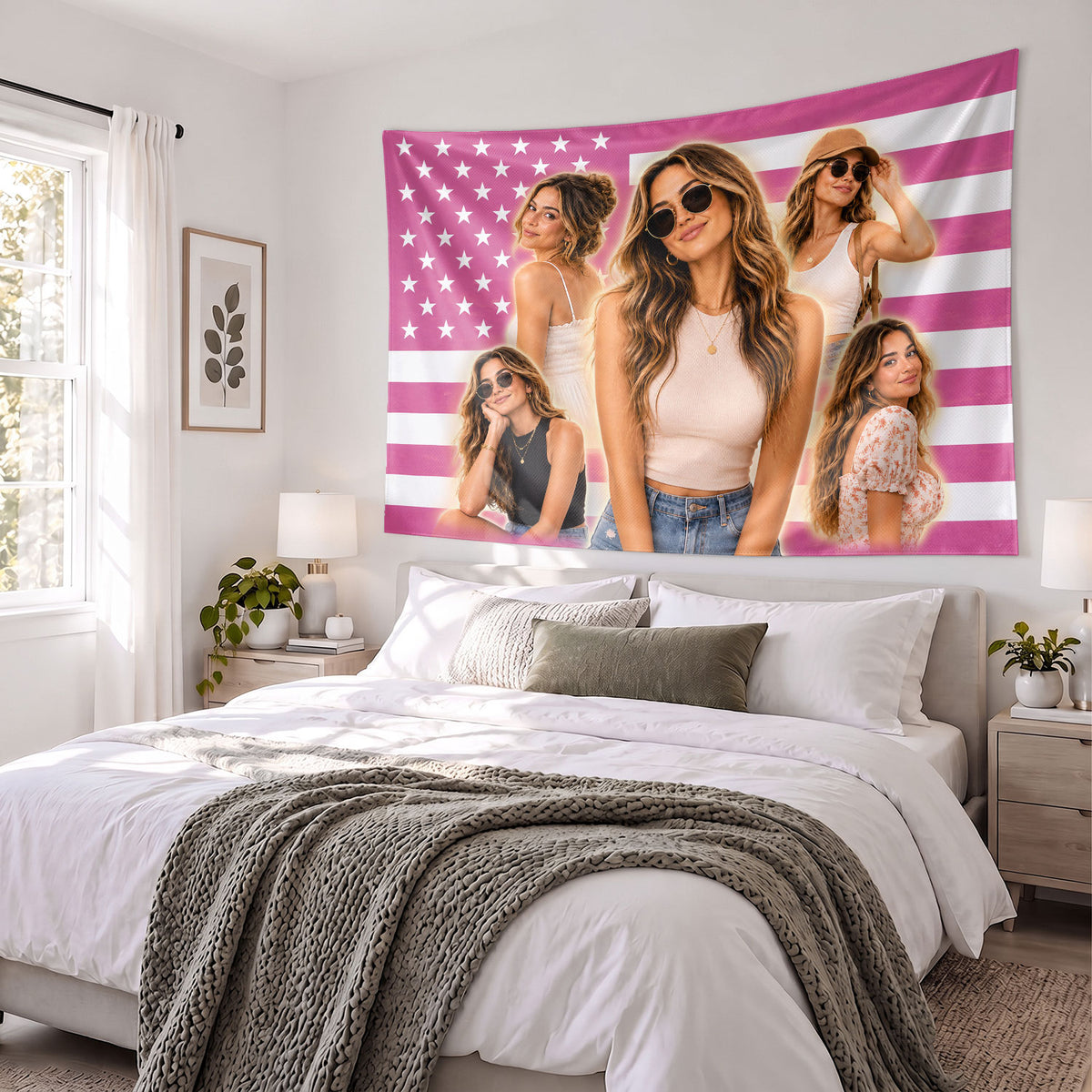 Custom Photo Patriotic American Flag Tapestry Stars Collage Wall Hanging Backdrop Sheet