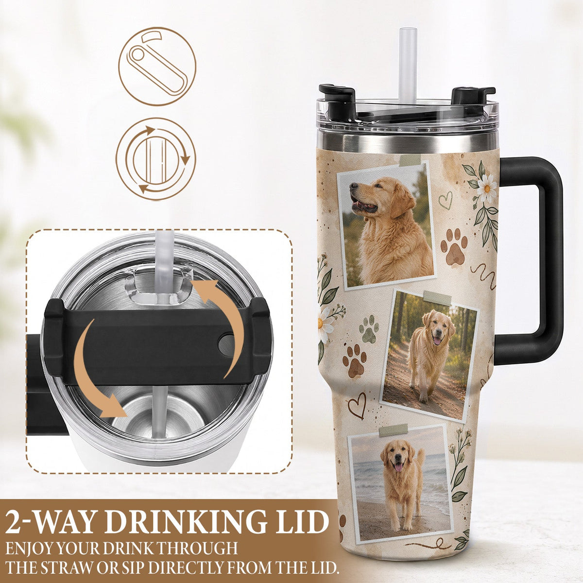 Custom Pet Photo Tumbler with Handle Personalised Dog Portrait Gifts for Dog Lover