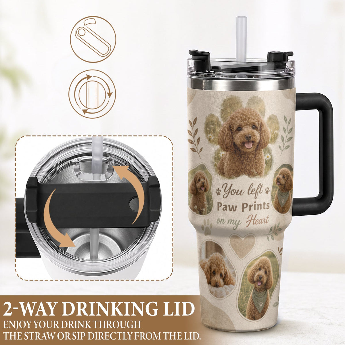 Custom Dog Picture Tumbler with Handle Personalised Pet Portrait Collage Gift Dog Lover