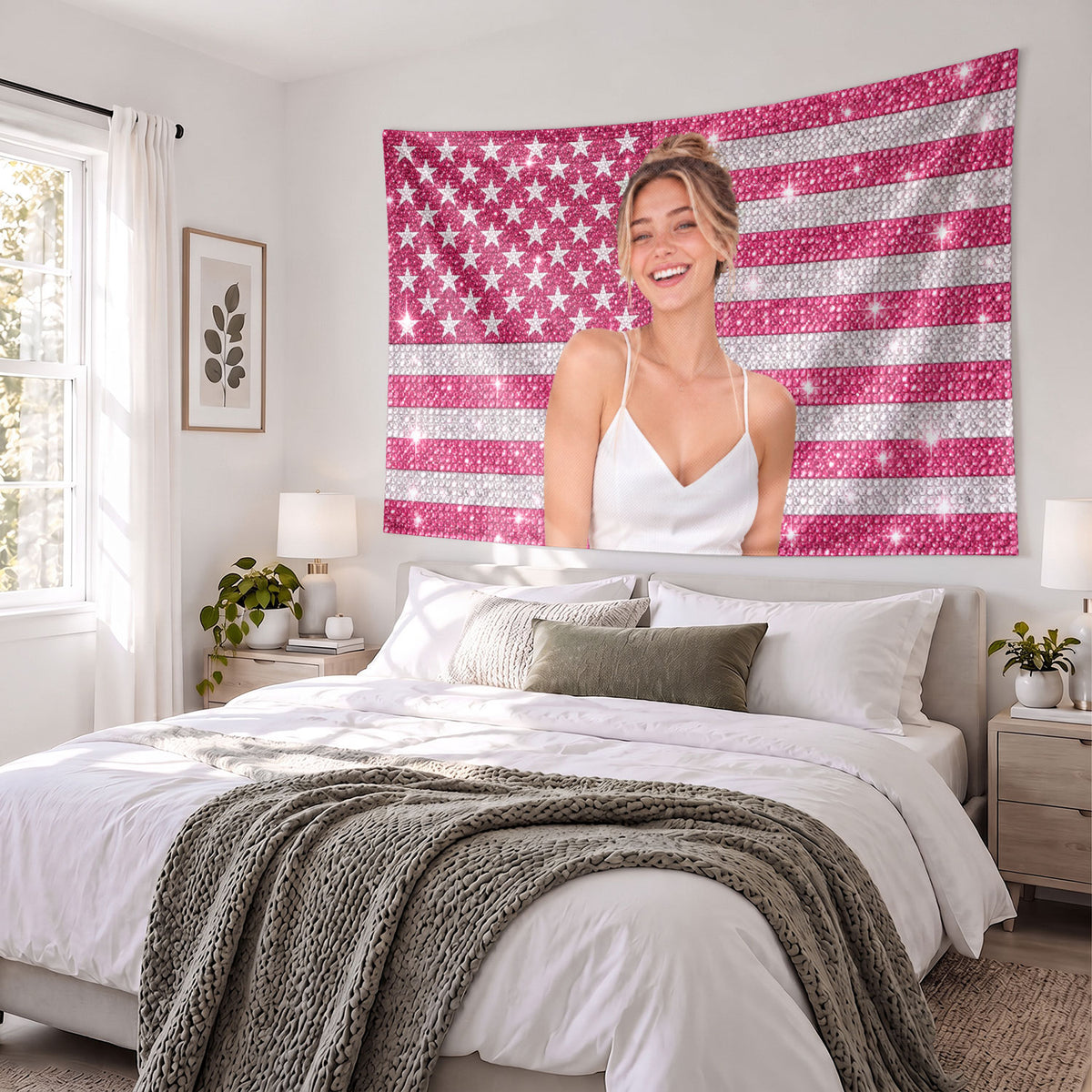 Custom Photo Patriotic American Flag Tapestry Sparkle Stars Stripes Wall Hanging Sheet