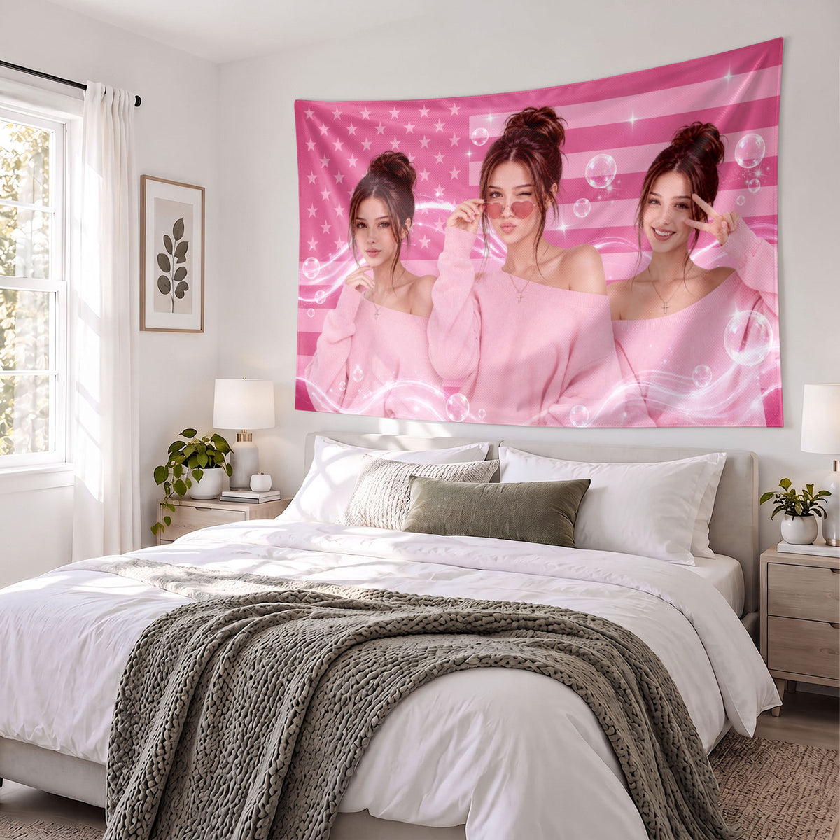 Custom Photo Patriotic American Flag Tapestry Stars Bubbles Sparkle Wall Hanging Sheet