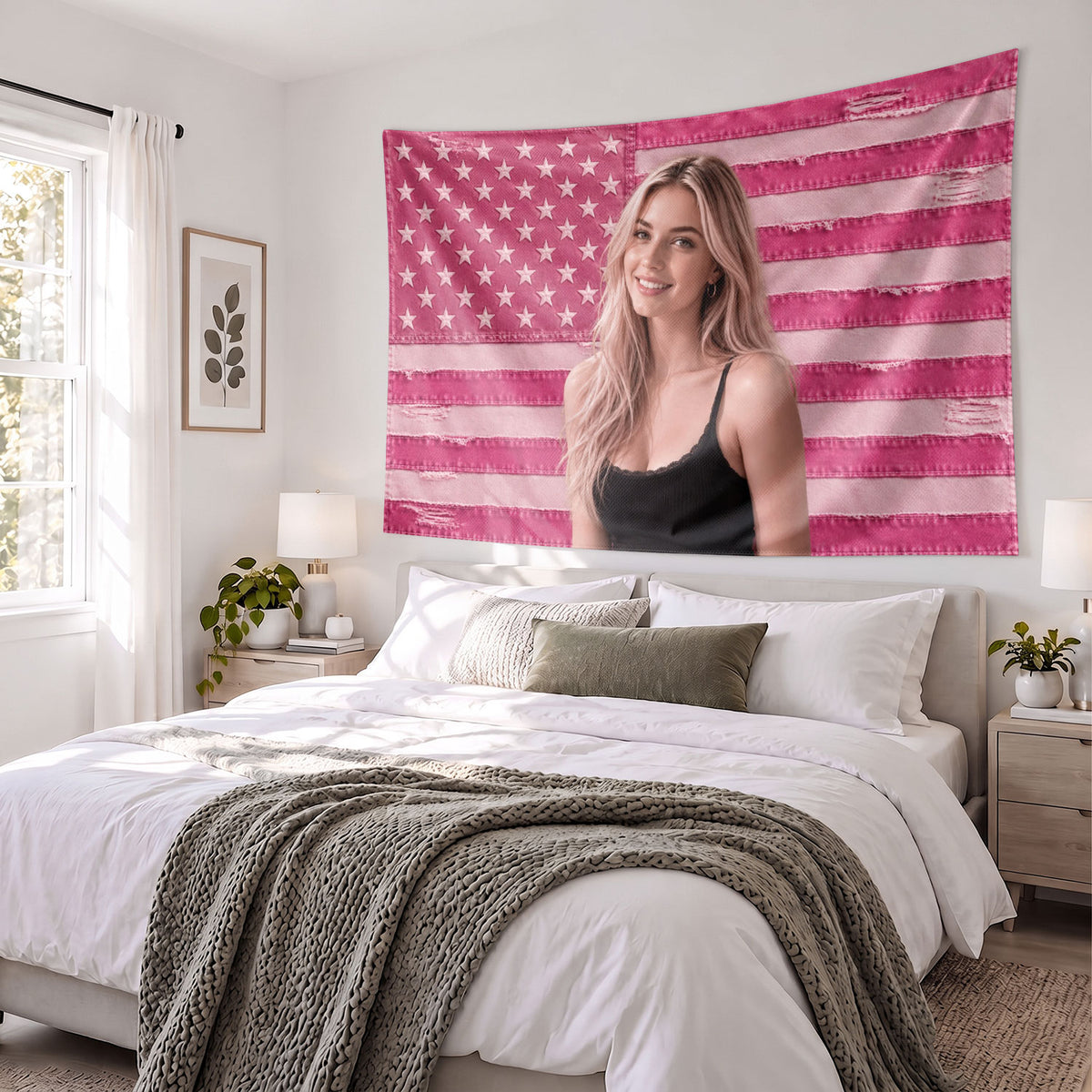 Custom Photo Patriotic American Flag Tapestry Distressed Denim Stars Wall Hanging Sheet