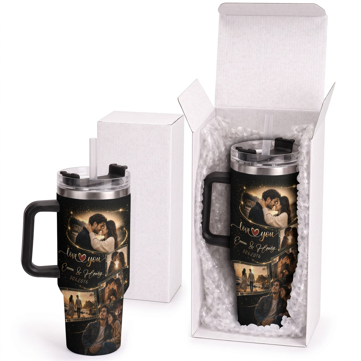 Custom Couple Photo Collage Tumbler Names Date Insulated Thermal Mug Cup Lid Top