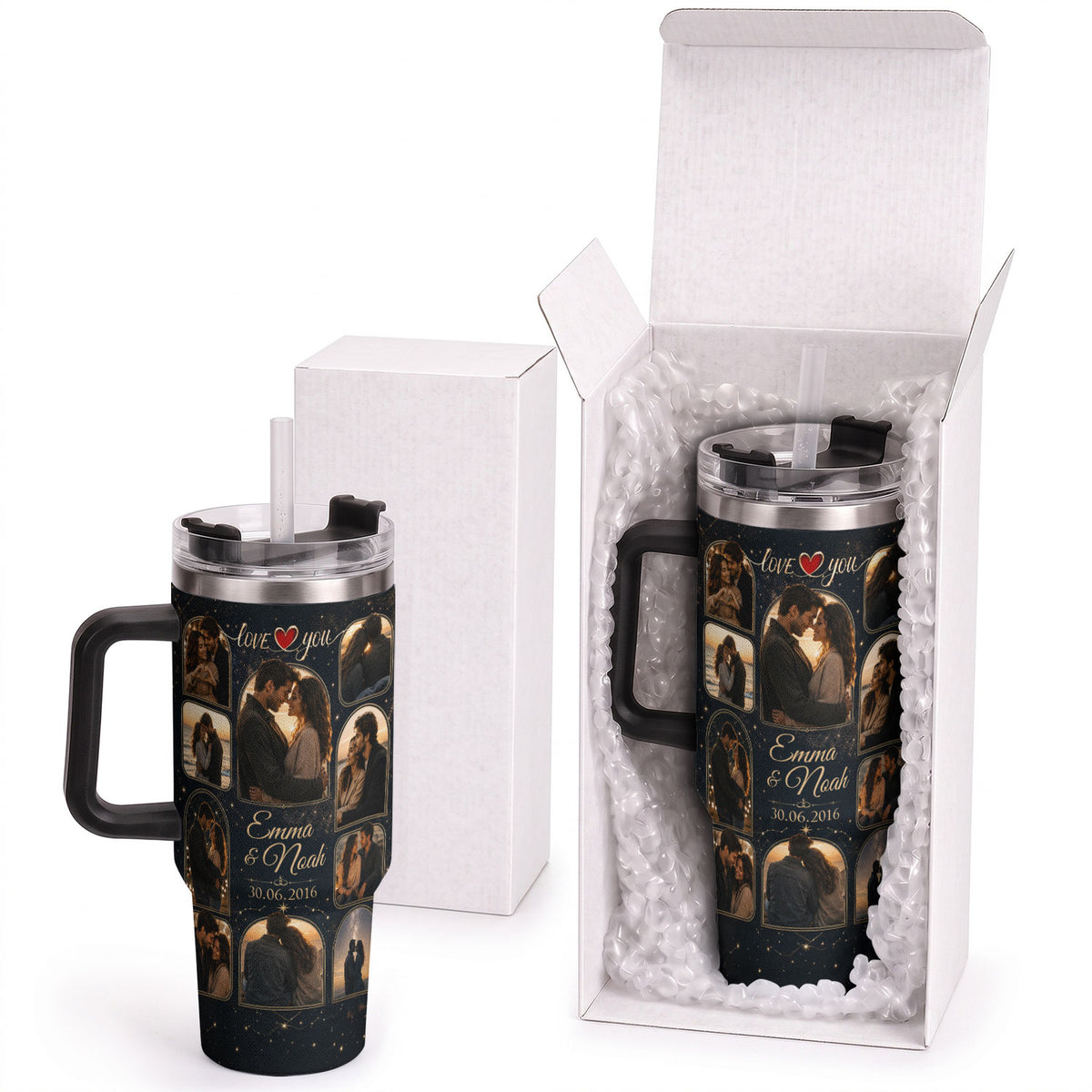 Custom Romantic Photo Collage Tumbler Names Date Thermal Drinkware Cup Lid Piece