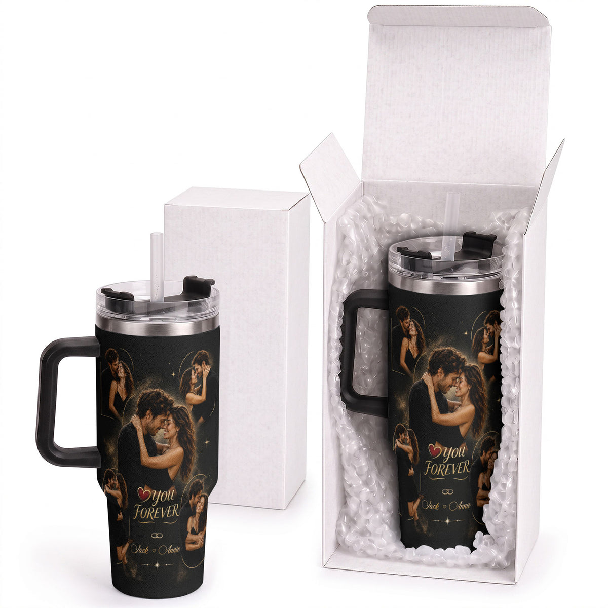 Custom Couple Forever Photo Collage Tumbler Names Date Thermal Drinkware Cup Lid Item