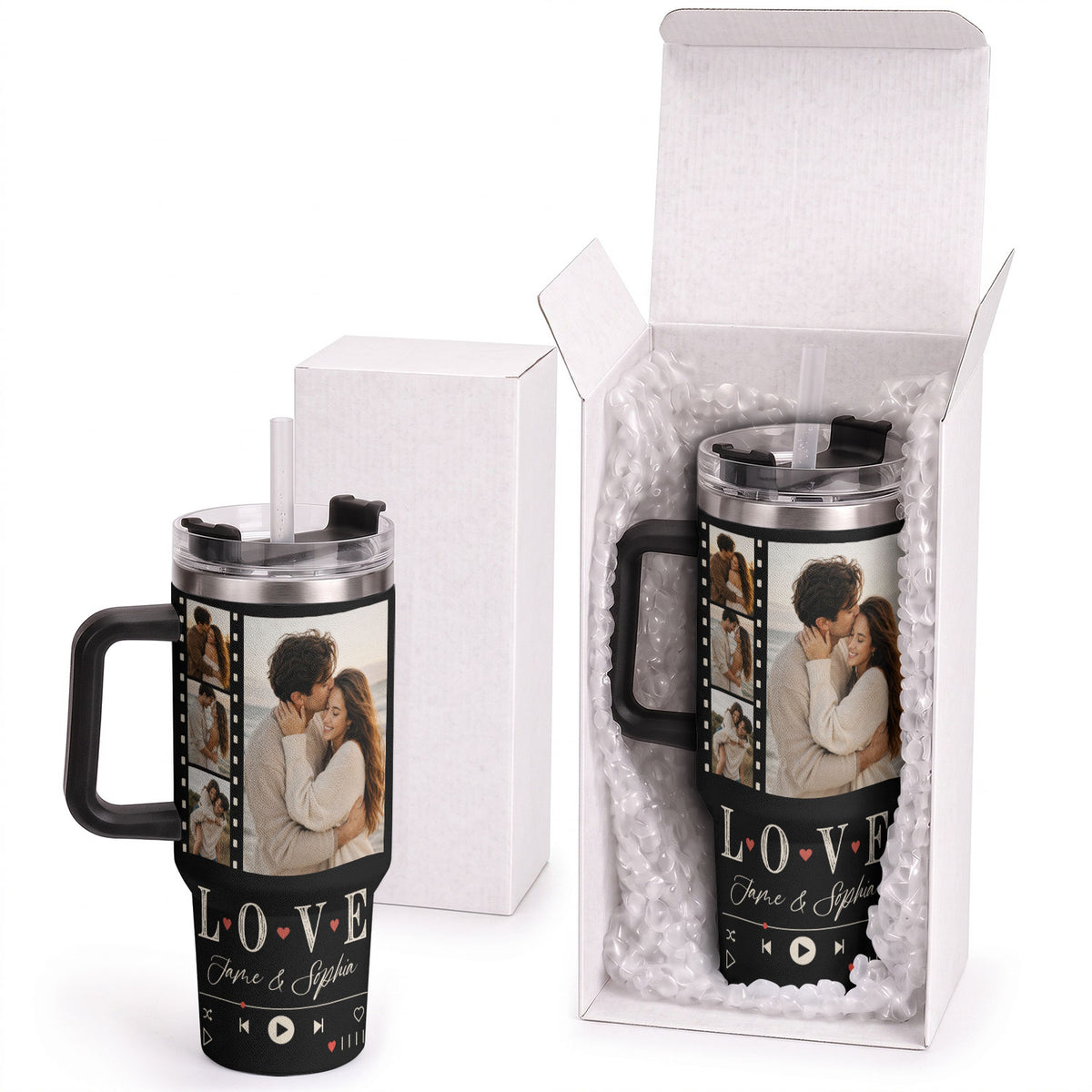 Custom Couple Photo Collage Tumbler Names Text Insulated Travel Mug Handle Cup Item