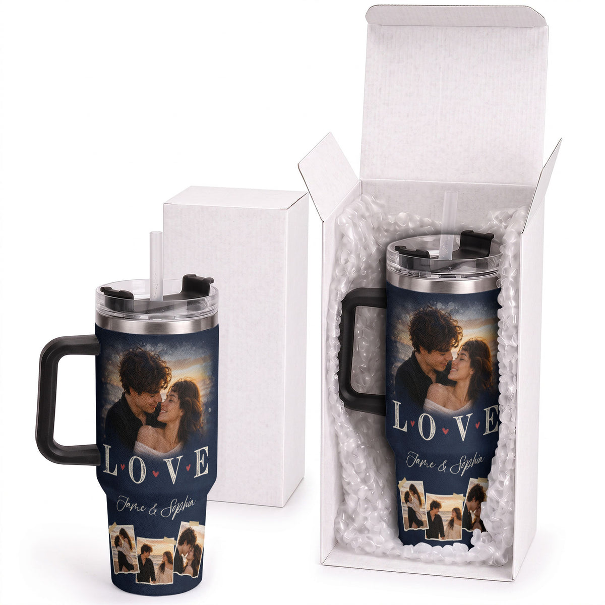 Custom Couple Photo Collage Tumbler Names Text Insulated Beverage Mug Handle Cup Piece