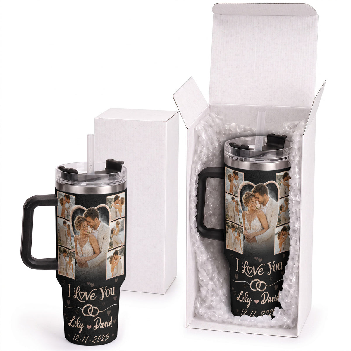 Custom Romantic Photo Collage Couple Tumbler Names Text Insulated Beverage Mug Handle