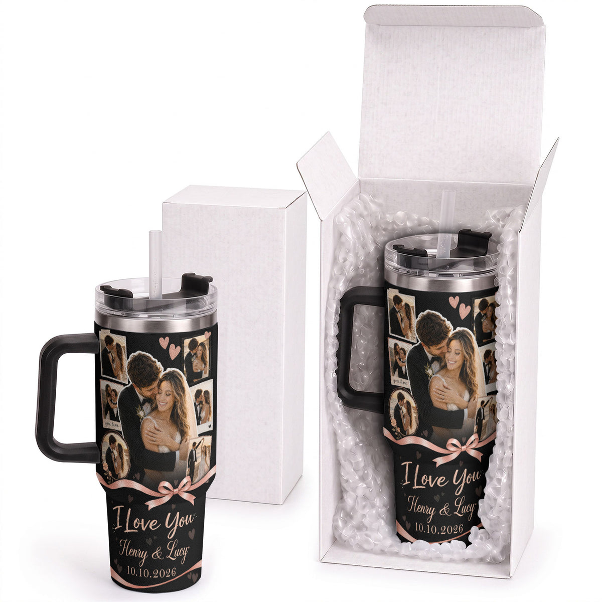 Custom Personal Photo Collage Couple Tumbler Names Text Insulated Beverage Mug Handle Cup