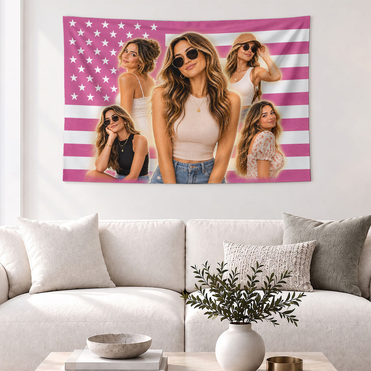 Custom Photo Patriotic American Flag Tapestry Stars Collage Wall Hanging Backdrop Sheet