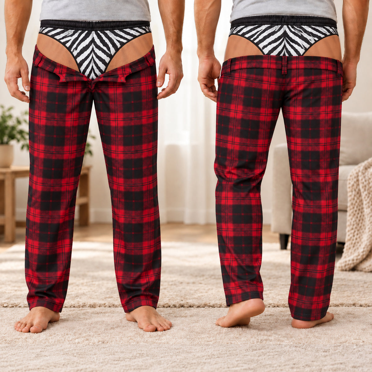 Plaid Leopard Funny Mens Pajama Pants, Custom Pajamas for Playful Evenings, Wild Gag Gifts and Christmas Pajamas for Relaxed Nights, Pallyprints Co.