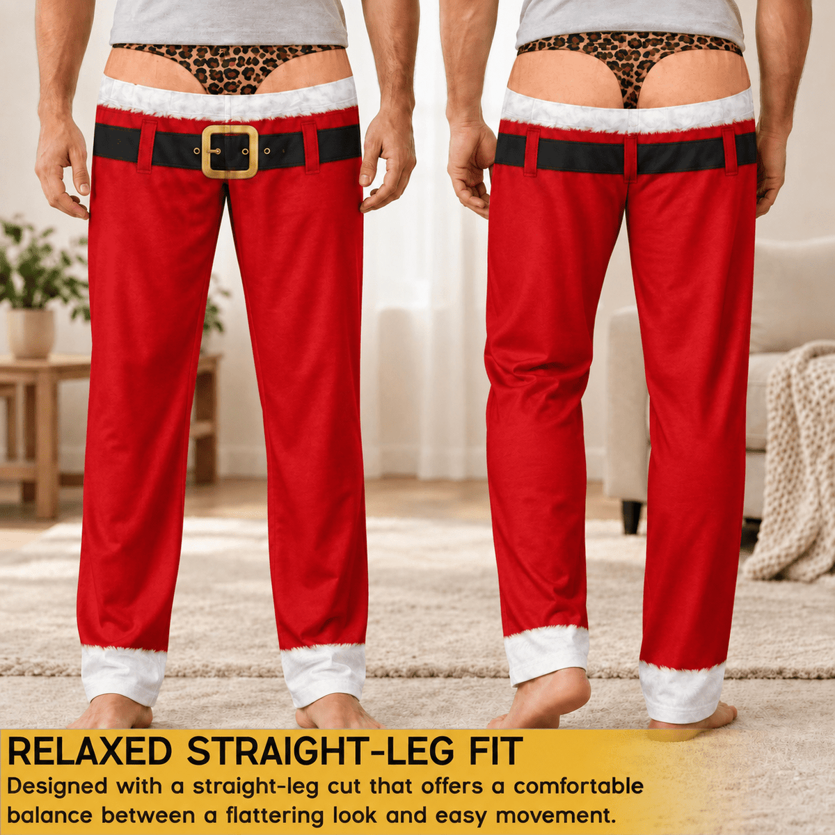 Funny Mens Pajama Pants with Leopard Santa, Custom Pajamas for Festive Lounging, Bold Gag Gifts and Christmas Pajamas for Cozy Nights, Pallyprints Co.