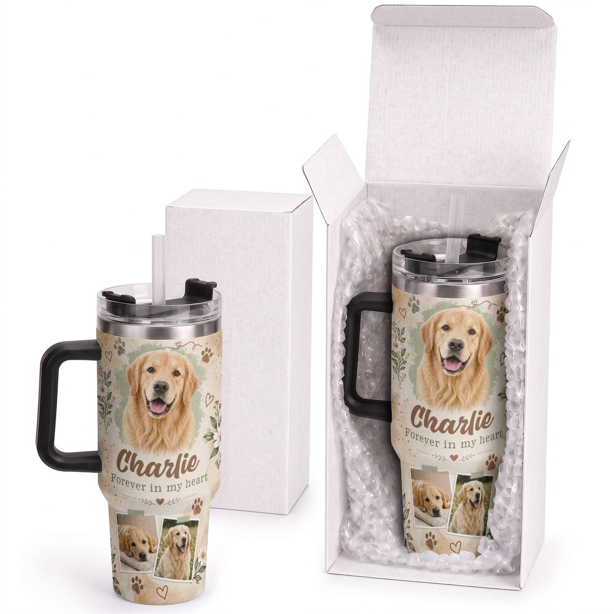 Custom Pet Photo Tumbler with Handle Personalised Dog Portrait Gifts for Dog Lover