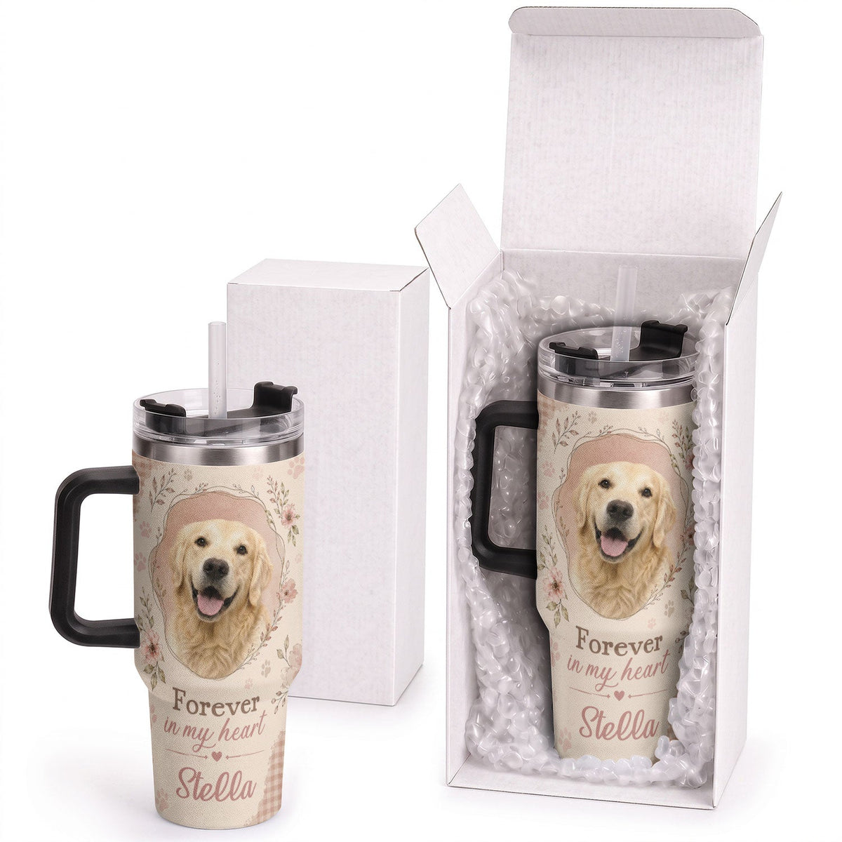 Custom Dog Photo Tumbler with Handle Forever In My Heart Personalised Pet Loss Memorial Gift