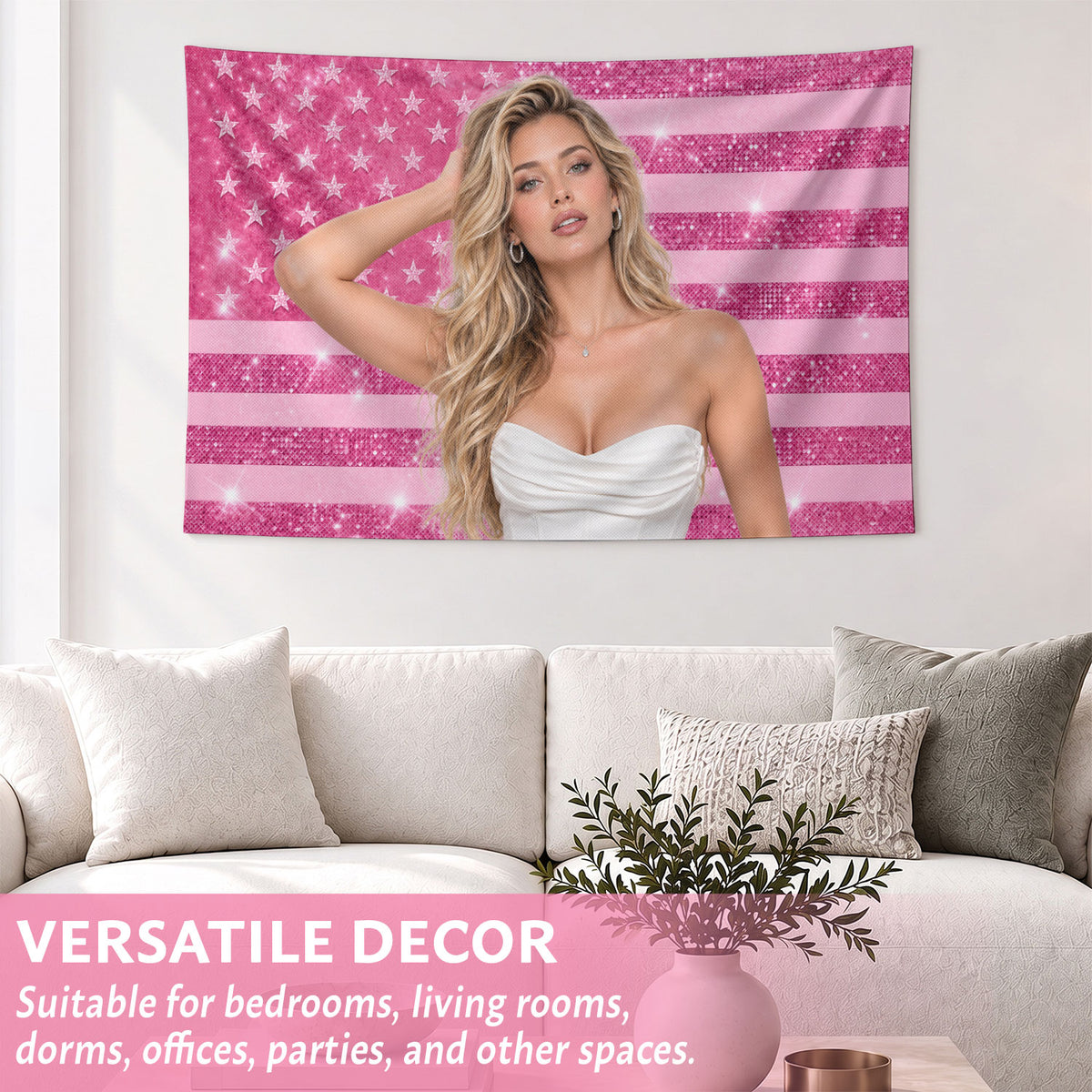 Custom Photo Patriotic American Flag Tapestry Glitter Sparkle Stars Wall Hanging Backdrop