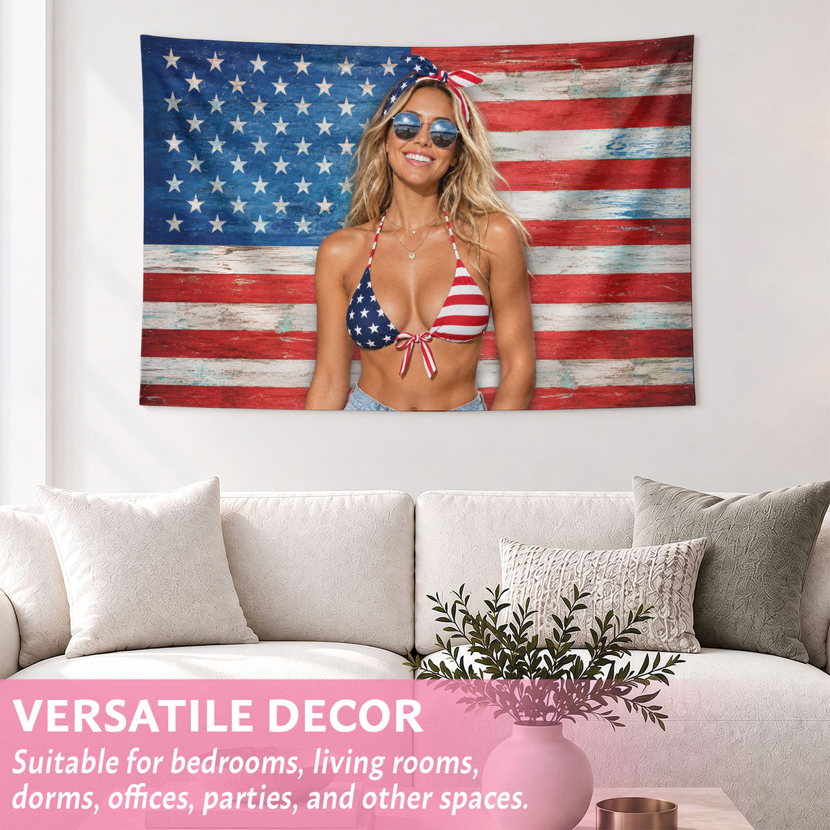 Custom Photo Patriotic American Flag Tapestry Vintage Wood Board Stars Wall Hanging Sheet