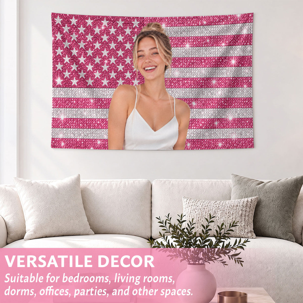 Custom Photo Patriotic American Flag Tapestry Sparkle Stars Stripes Wall Hanging Sheet