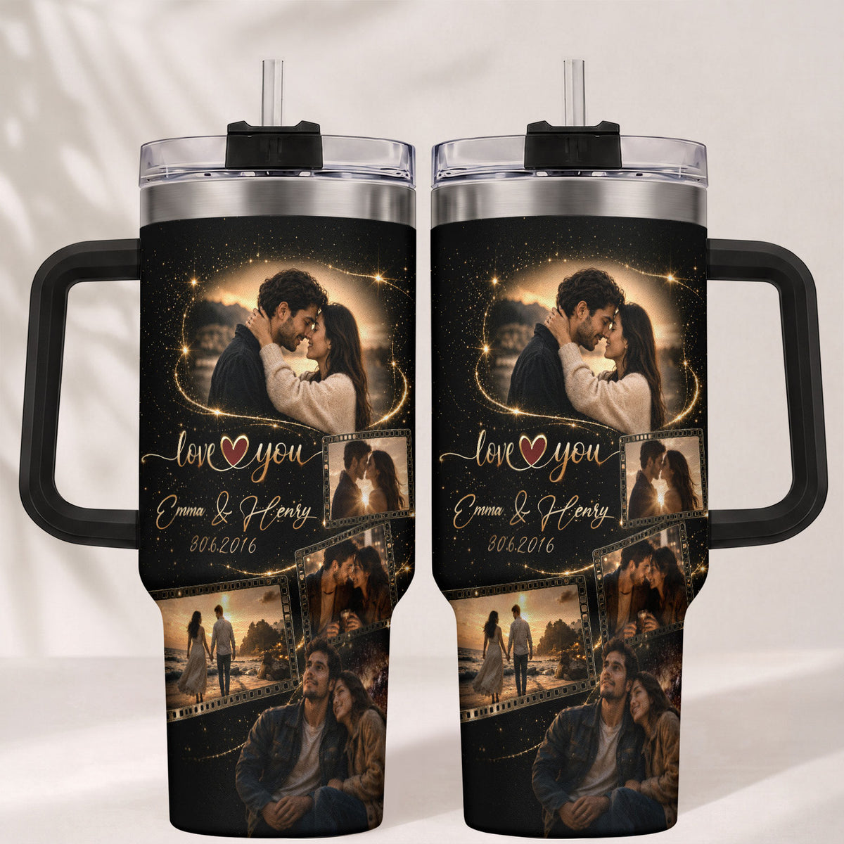 Custom Couple Photo Collage Tumbler Names Date Insulated Thermal Mug Cup Lid Top