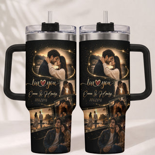 Custom Couple Photo Collage Tumbler Names Date Insulated Thermal Mug Cup Lid Top