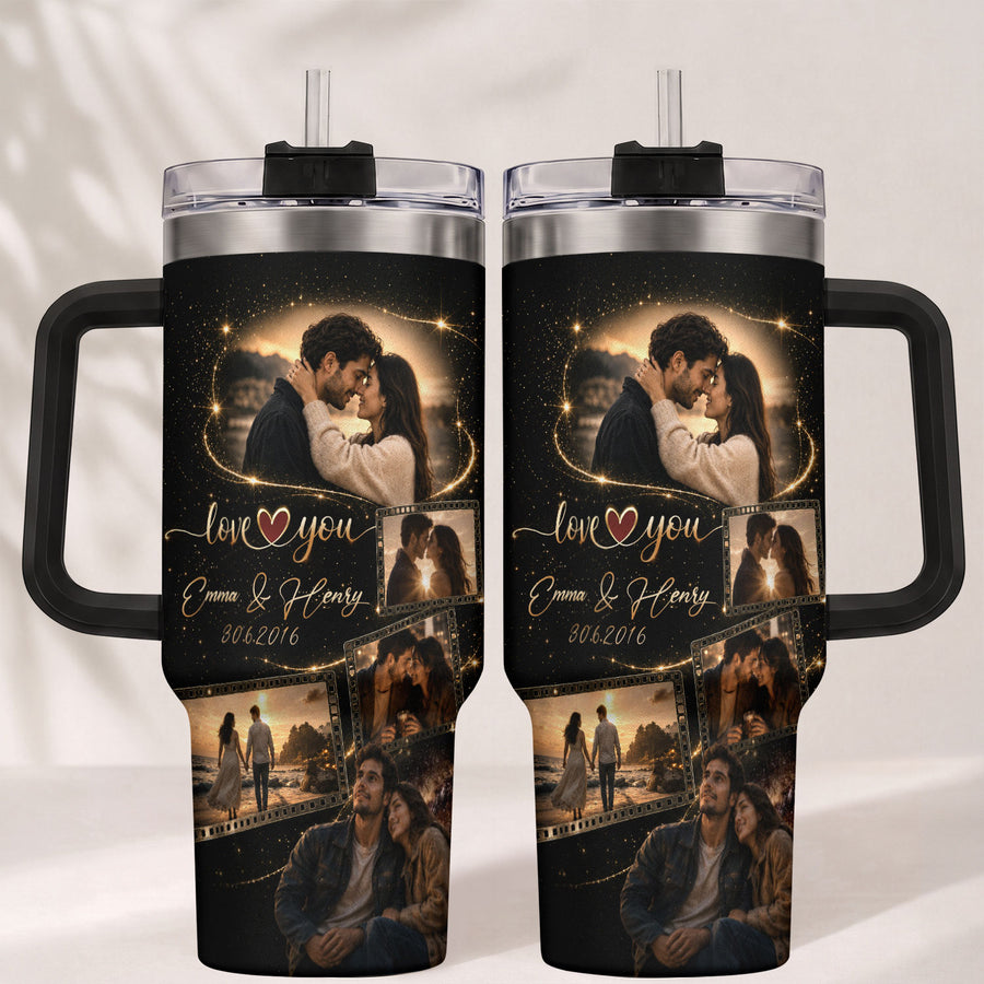 Custom Couple Photo Collage Tumbler Names Date Insulated Thermal Mug Cup Lid Top