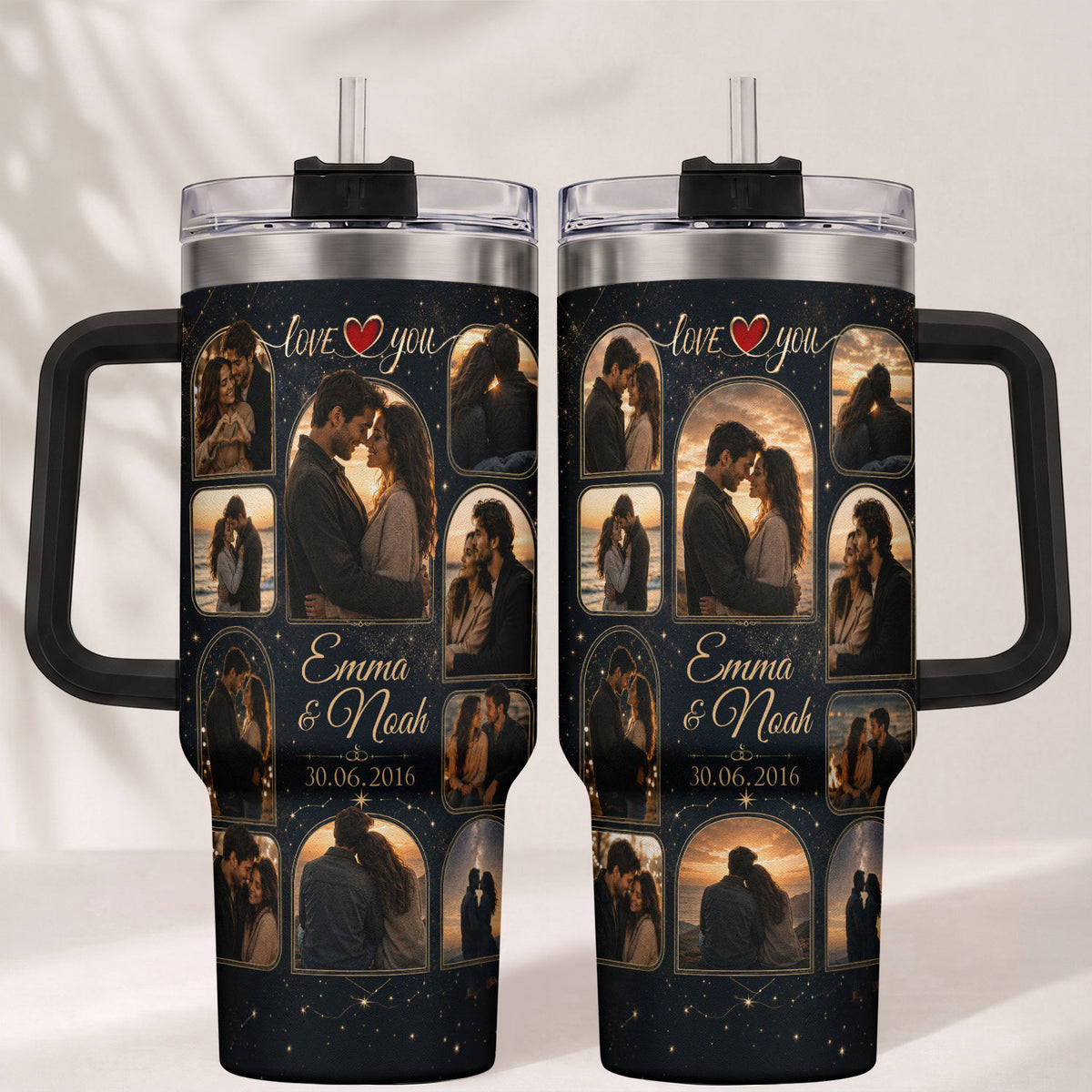 Custom Romantic Photo Collage Tumbler Names Date Thermal Drinkware Cup Lid Piece