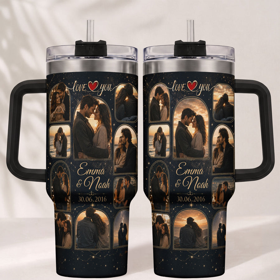 Custom Romantic Photo Collage Tumbler Names Date Thermal Drinkware Cup Lid Piece