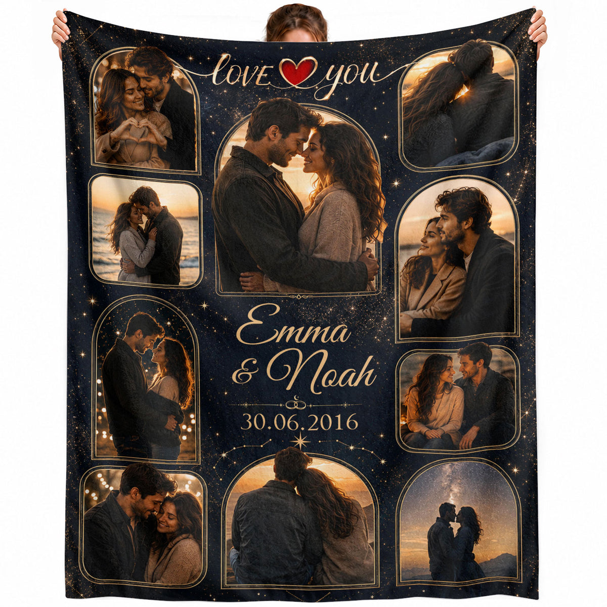 Custom Photo Blanket Collage Couple Names Date Heart Soft Fleece Throw Romantic Love Gift