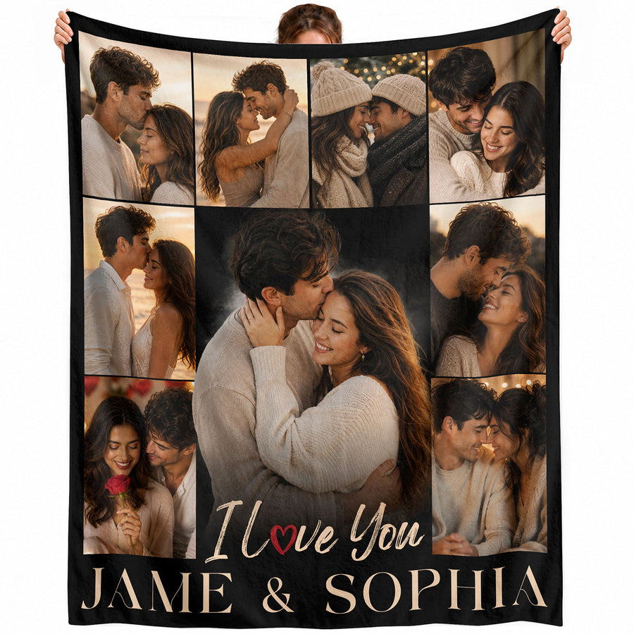 Custom Photo Blanket Collage Couple Names I Love You Soft Fleece Throw Romantic Love Gift