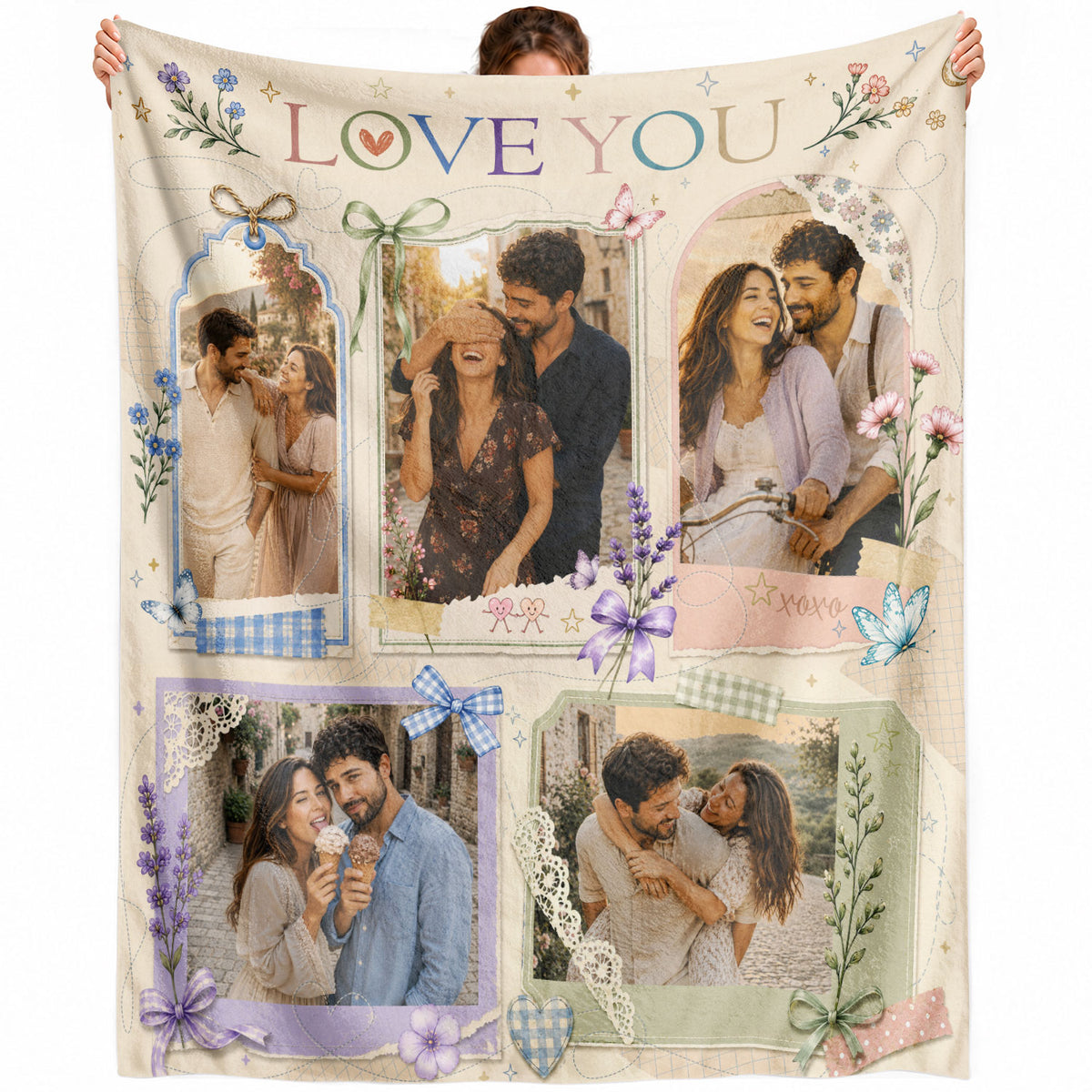 Custom Couple Photo Blanket Picture Collage Floral Love You Fleece Throw Anniversary Gift