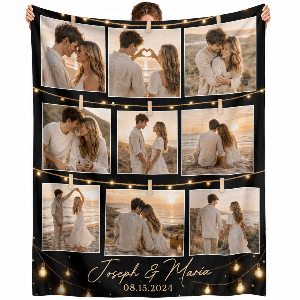 Custom Couple Photo Collage String Lights Blanket Couple Names Date Throw Keepsake