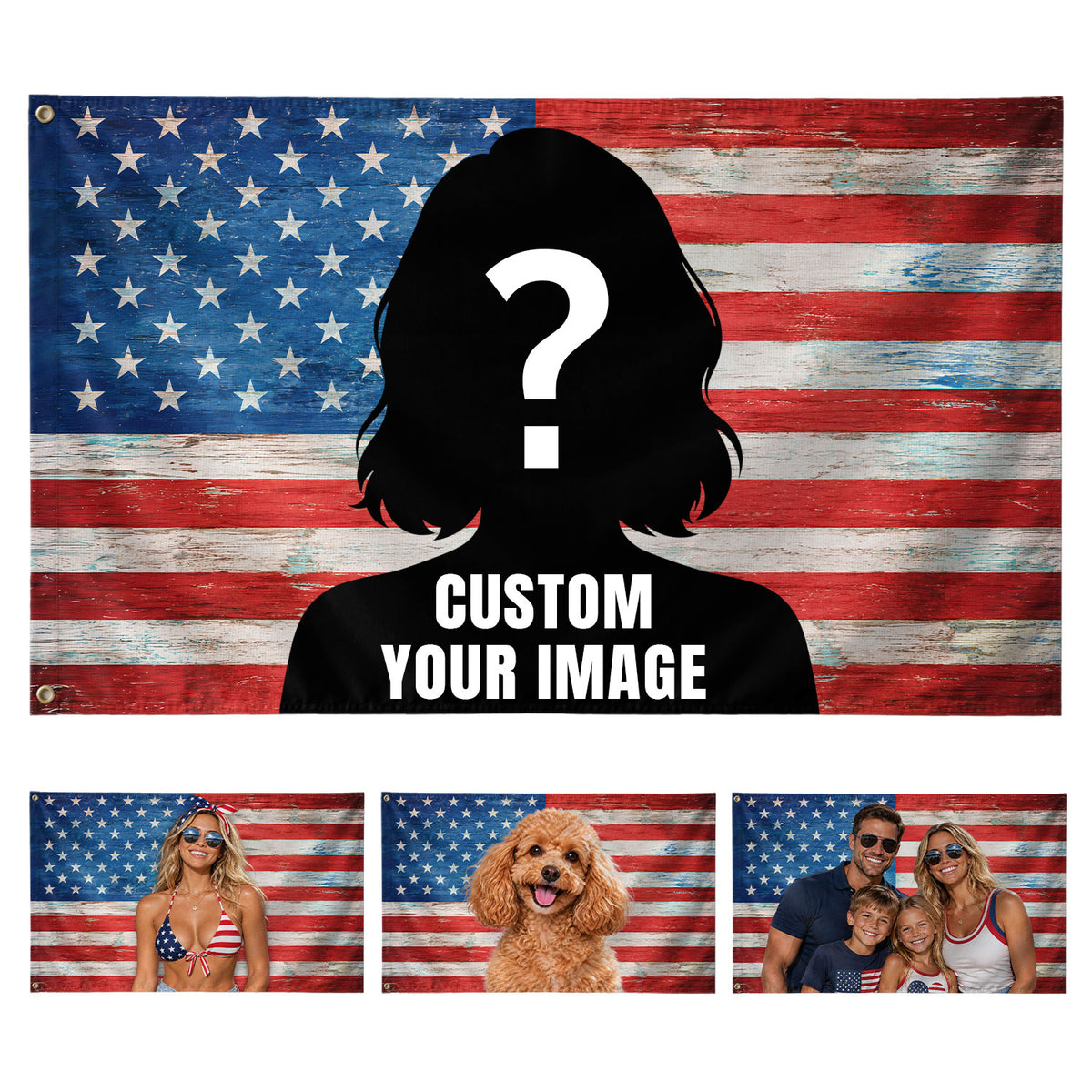 Rustic Wood Photo Collage American Flag Custom featuring a Custom Flag with Picture, Flag Custom-Made Gift for Family Birthdays, Pallyprints Co.