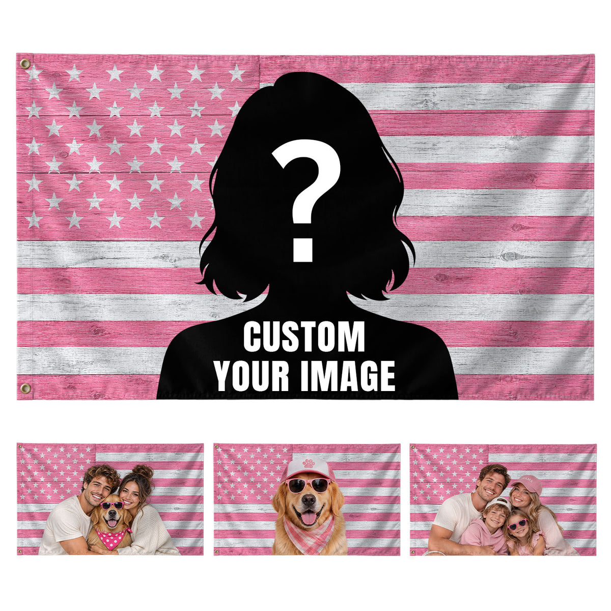 Pink Wood Photo Collage Pink American Flag Custom featuring a Custom Flag with Picture, Pink Flag Custom-Made Family Birthday Gift, Pallyprints Co.