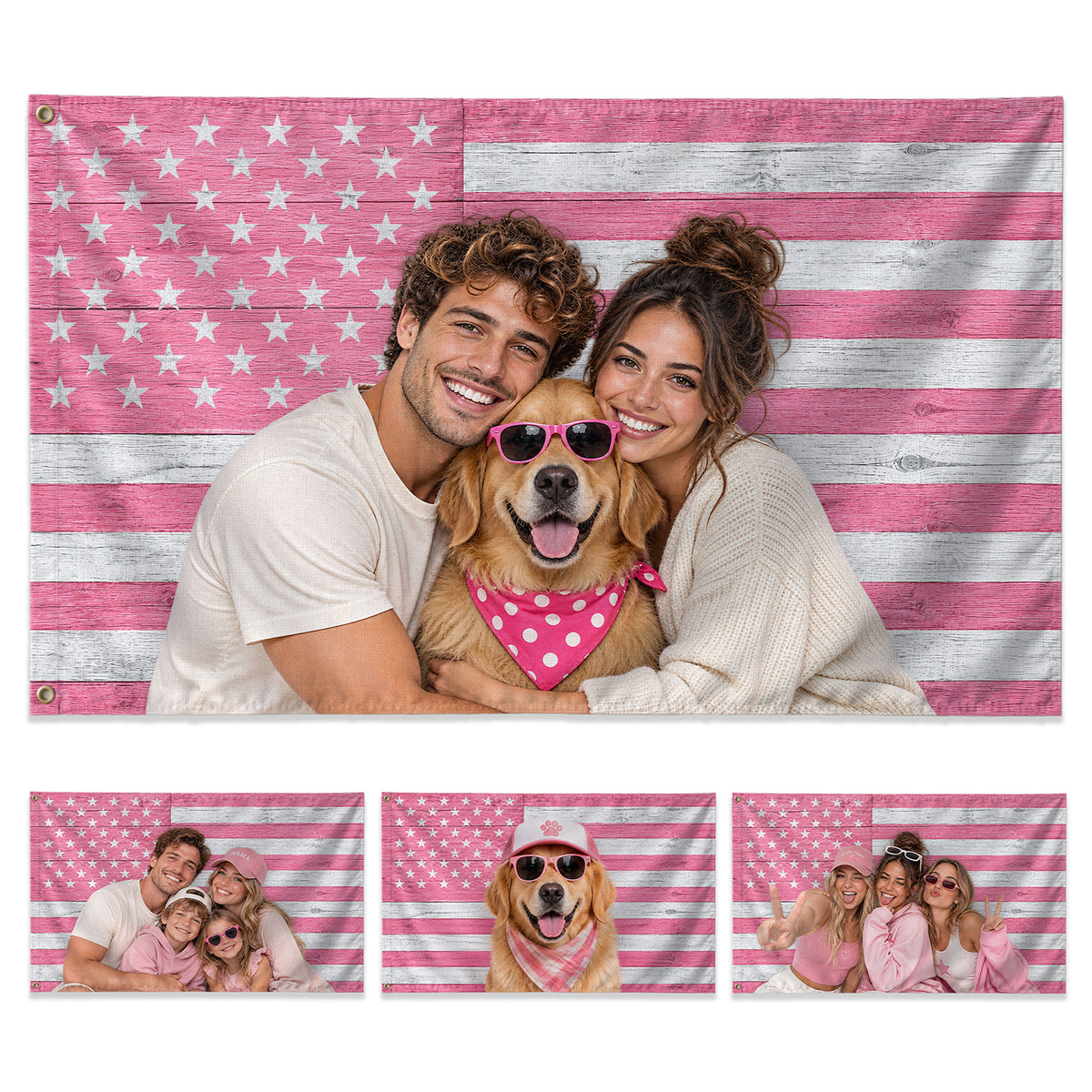 Custom American Flag with Photo Personalized Pink Wood Texture Picture Flag USA Decor