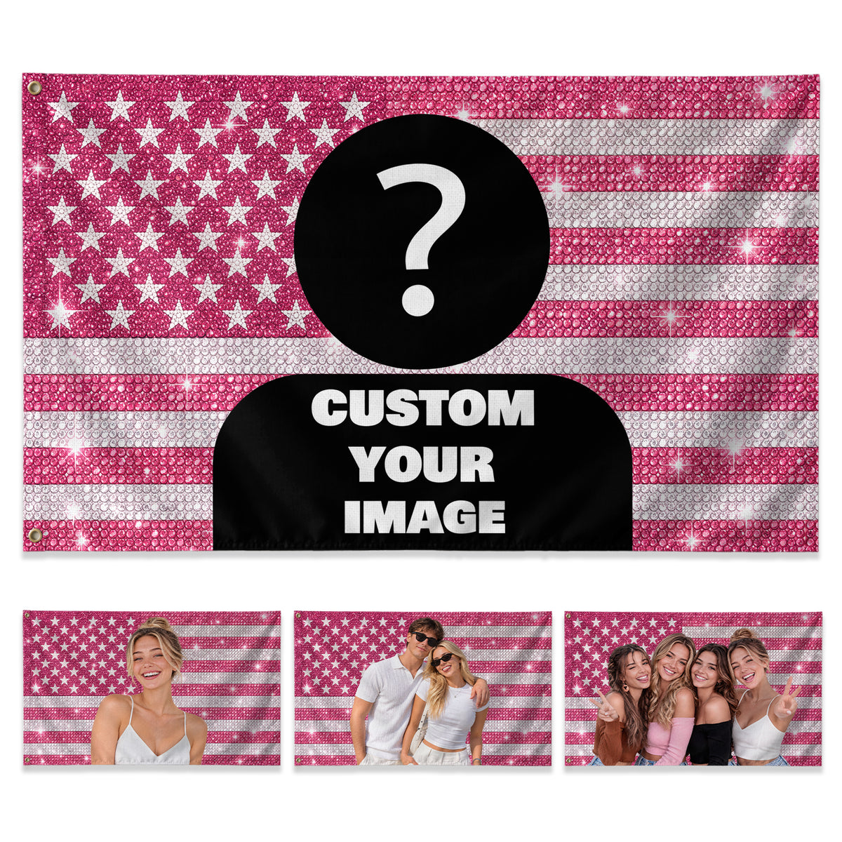 Pink Rhinestone Memory Collage Pink American Flag Custom featuring a Custom Flag with Picture, Pink Flag Custom-Made Occasion Gift, Pallyprints Co.