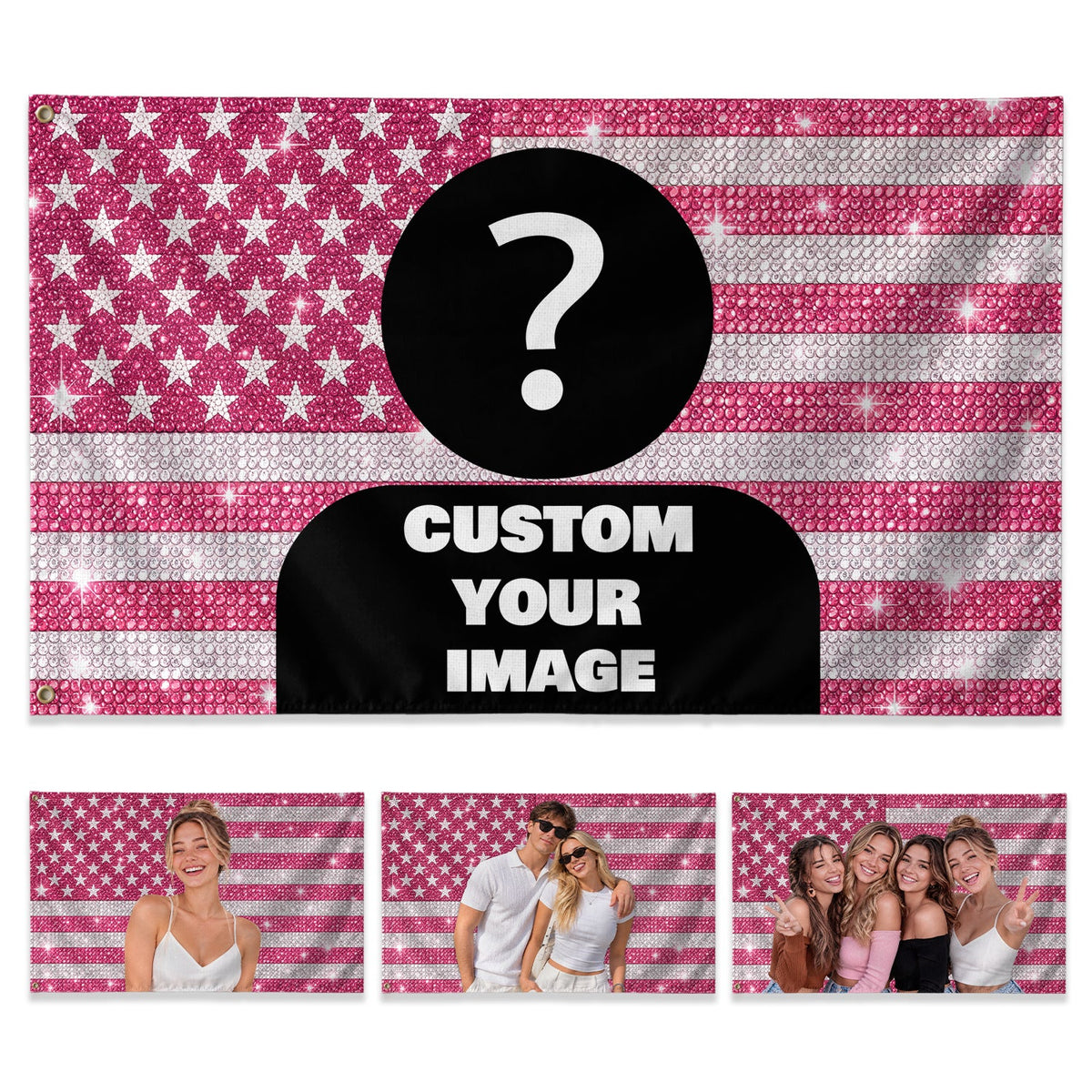 Pink Rhinestone Memory Collage Pink American Flag Custom featuring a Custom Flag with Picture, Pink Flag Custom-Made Occasion Gift, Pallyprints Co.
