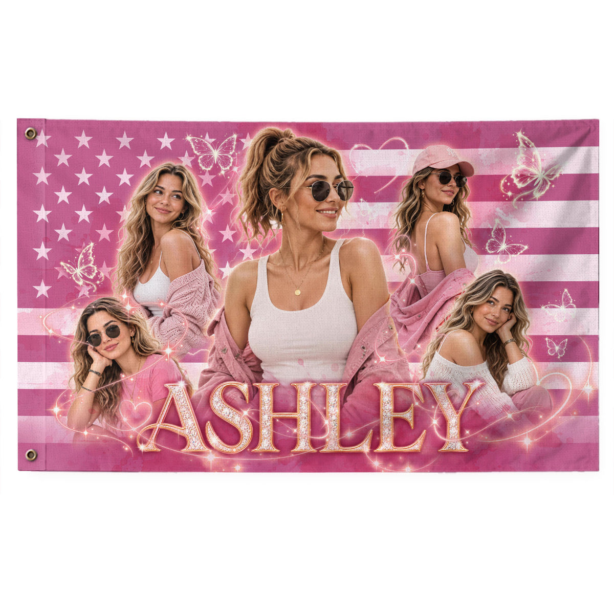 Custom Photo American Flag Pink Glitter Butterfly Personalised Name Picture USA Flag