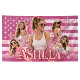 Custom Photo American Flag Pink Glitter Butterfly Personalised Name Picture USA Flag