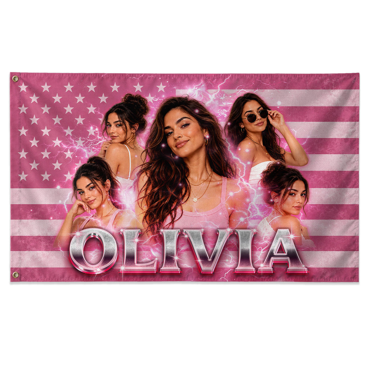Custom Photo American Flag Personalized Pink Lightning Name USA Picture Flag Gift