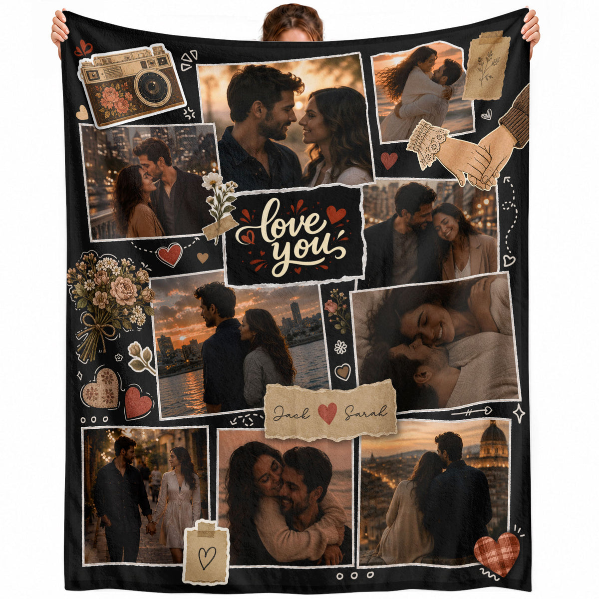 Custom Couple Photo Blanket Picture Collage Soft Fleece Throw Vintage Scrapbook Love Gift