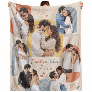 Custom Photo Blanket Collage Couple Names Date Soft Fleece Throw Boho Art Anniversary Gift