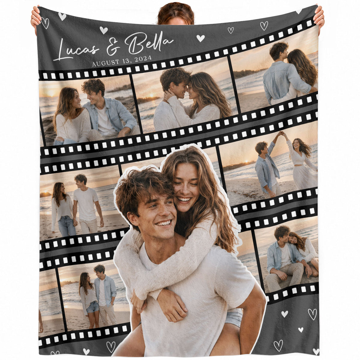 Custom Couple Film Strip Photo Collage Fleece Blanket Names Date Soft Warm Throw Piece