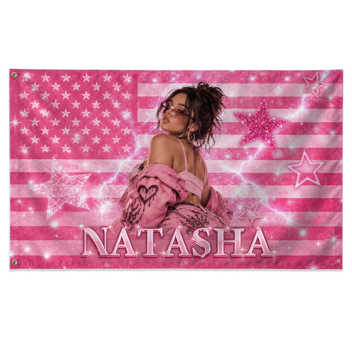 Custom Name Photo Flag American Stars Sparkle Glitter Wall Hanging Display Banner