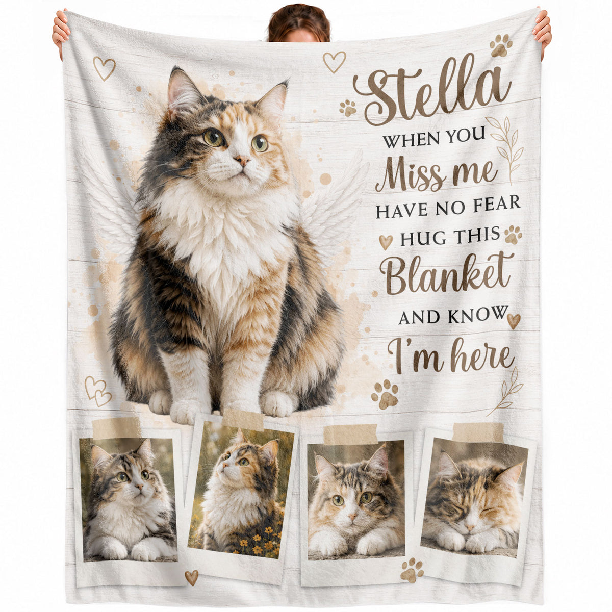 Custom Pet Cat Photo Collage Fleece Blanket Name Memory Memorial Throw Tapestry Item