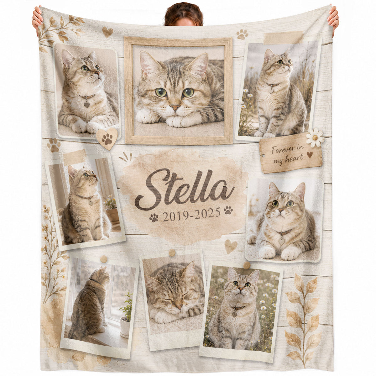 Custom Pet Cat Photo Collage Fleece Blanket Name Floral Memorial Throw Tapestry Item