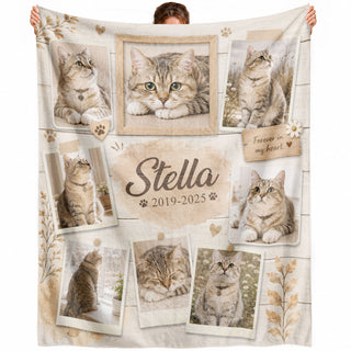 Custom Pet Cat Photo Collage Fleece Blanket Name Floral Memorial Throw Tapestry Item