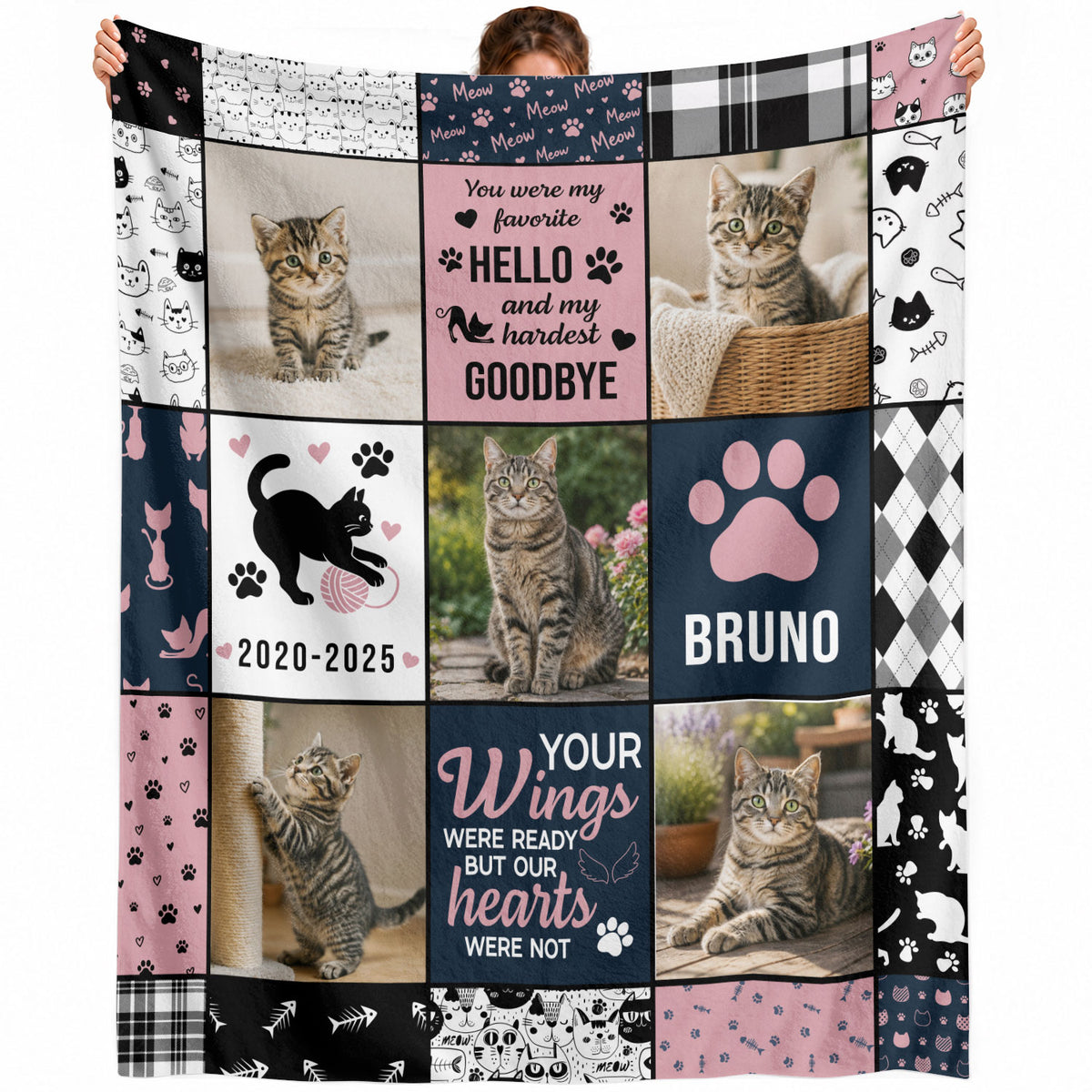 Custom Pet Cat Photo Collage Fleece Blanket Name Memorial Throw Tapestry Component Item